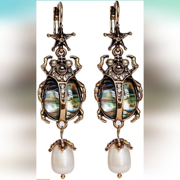 Anthro ladybug bug faux Pearl with rhinestones dangling earrings - Picture 2 of 5